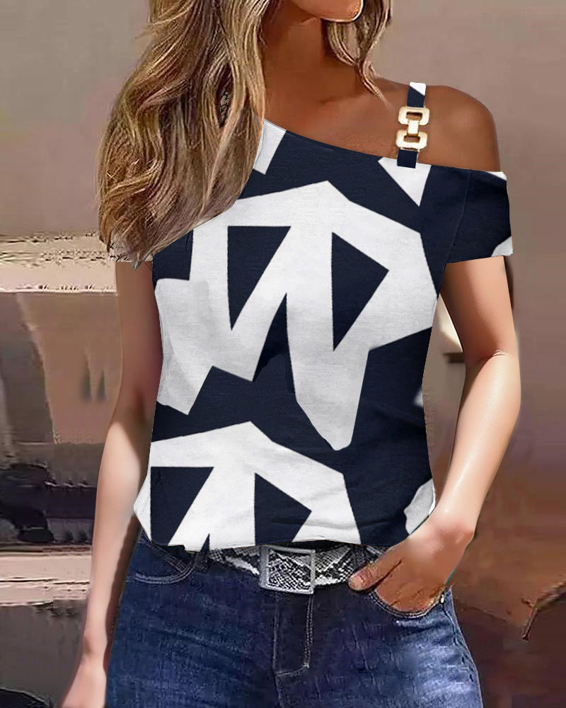 Women's Summer Simplicity Short-sleeved Metal Buckle Printed T-shirt