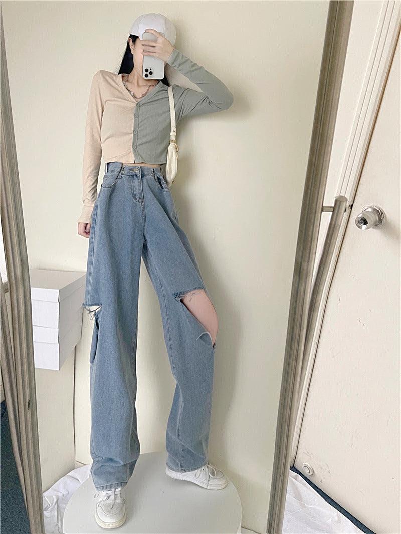 Ripped Jeans Straight High Waist Loose Fitted Flattering