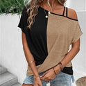 Two-color Color Cotton Stitching Women's Shoulder Strap T-shirt Cross Short Sleeve Top