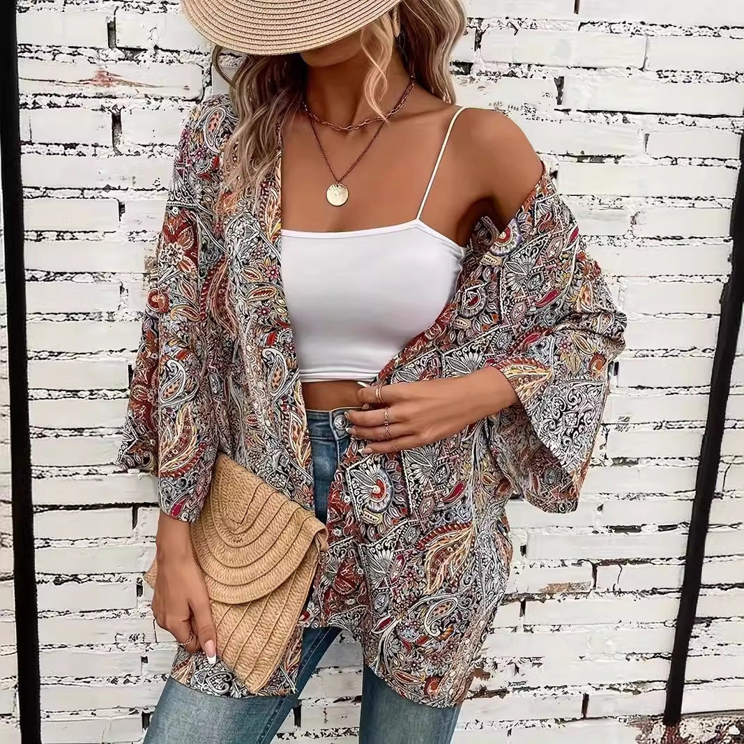 Ethnic Print Round Neck Shirt Bohemian Holiday Long Sleeve Shirt