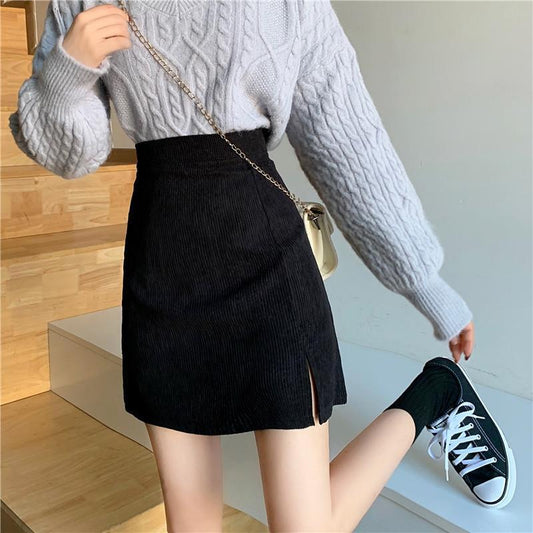 Pattern Corduroy Female Retro High Waist  A-Line Skirts Womens Mini