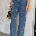 Oblique Waist Cross Beaded Straight-leg Frayed Hem Jeans