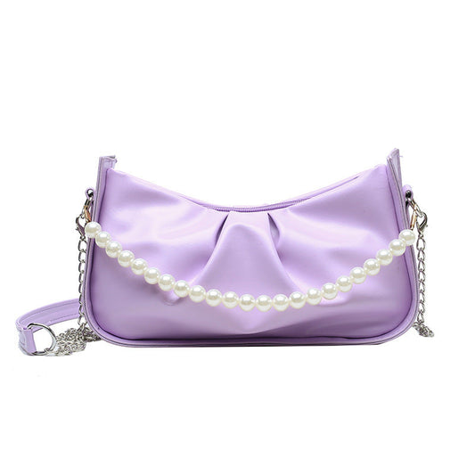 Pleated Solid Color Pearl Chain Underarm Bag