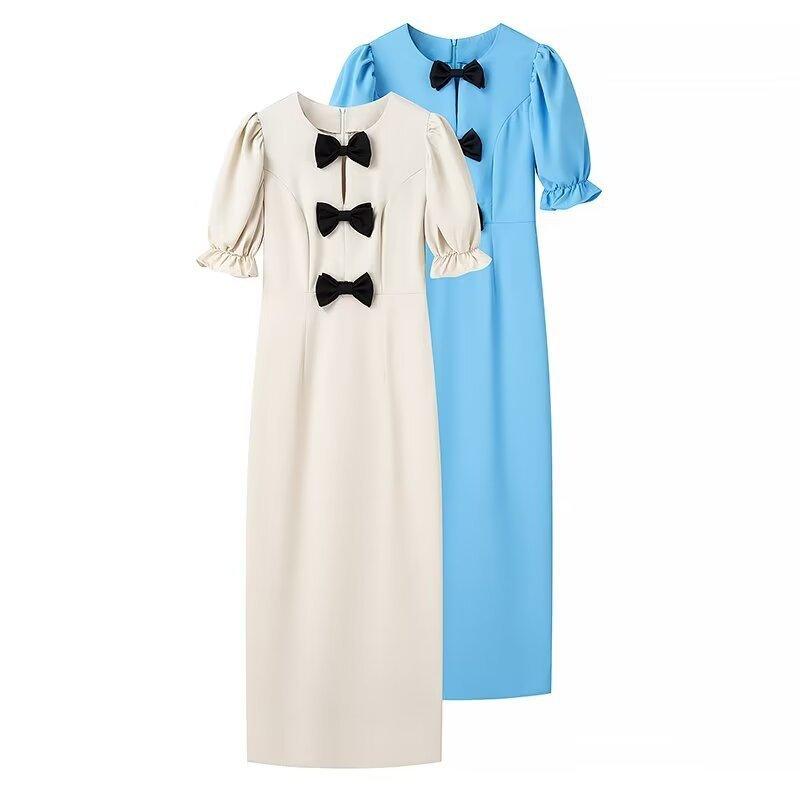 Fashion Solid Color Puff Sleeve Bow Dress