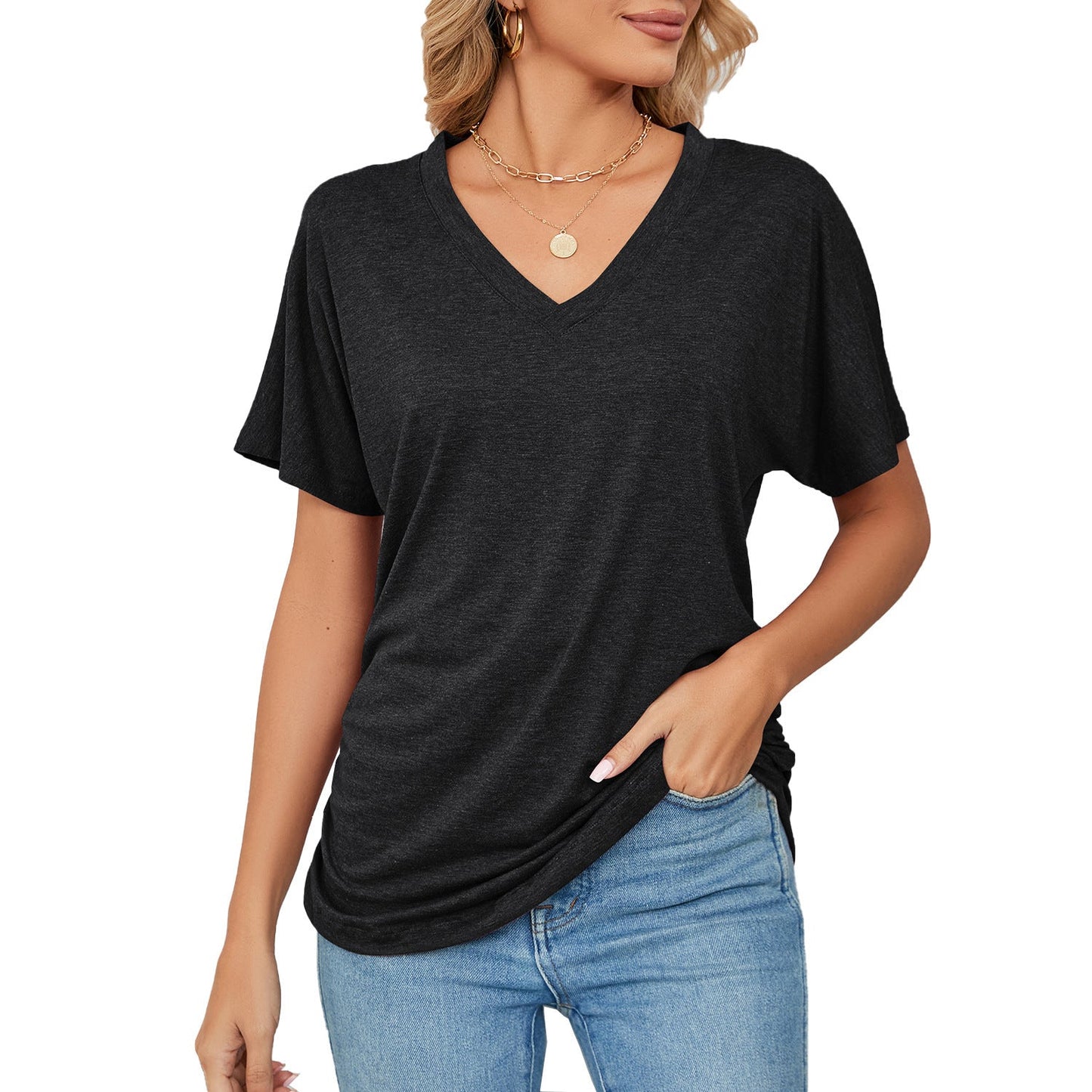 Leisure Pullover V-neck Solid Color Loose T-shirt Women's Top