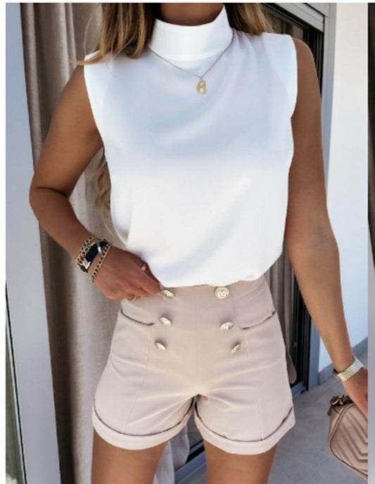 Ladies' Shirt With Sleeveless Stand-up Collar And Shoulder Pads