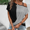 Two-color Color Cotton Stitching Women's Shoulder Strap T-shirt Cross Short Sleeve Top