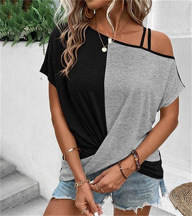 Two-color Color Cotton Stitching Women's Shoulder Strap T-shirt Cross Short Sleeve Top