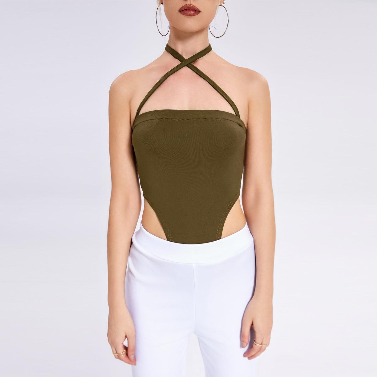 2023 Fashion New Women's One -word Collar Hanging Neck Band -lap Background Bodsuit