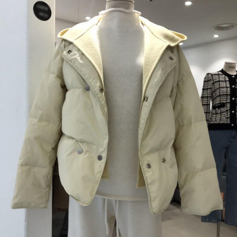 All-matching Woolen Hooded Stitching Long Sleeve Fake Two Pieces Thermal Cotton-padded Coat