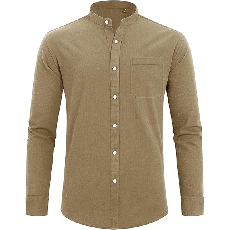 Men's Stand Collar Long Sleeve Solid Color Cotton Shirt