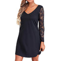 Solid Color And V-neck Lace Long Sleeve Dress