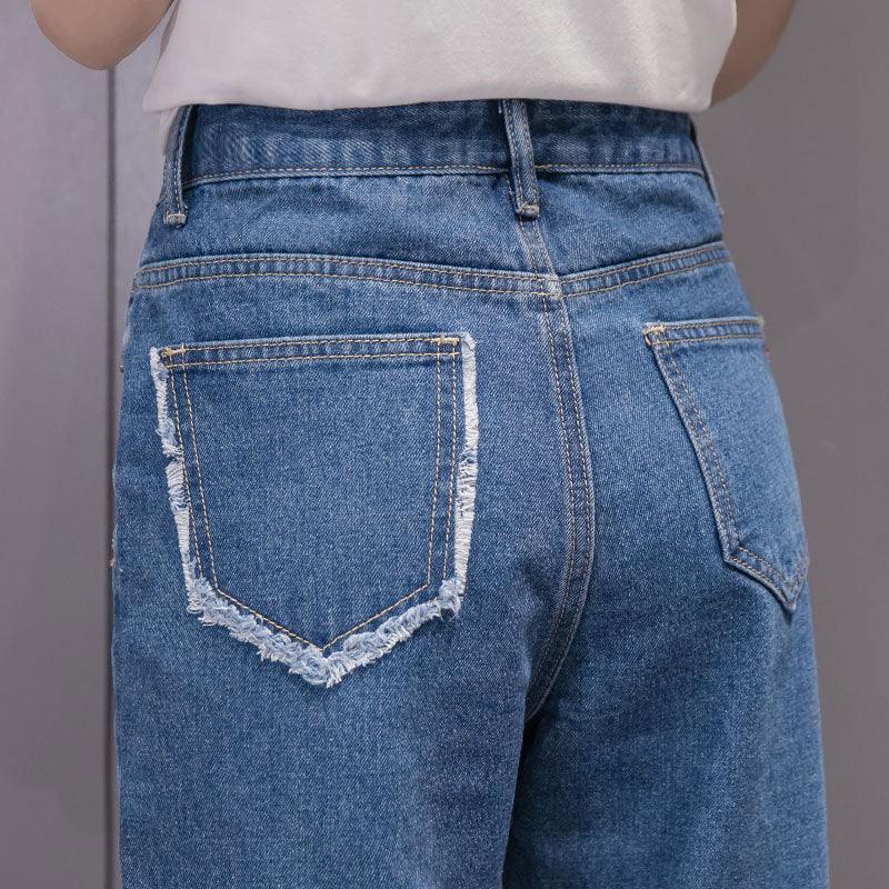 Trendy Denim Wide-leg Pants With Tassels Nine Points