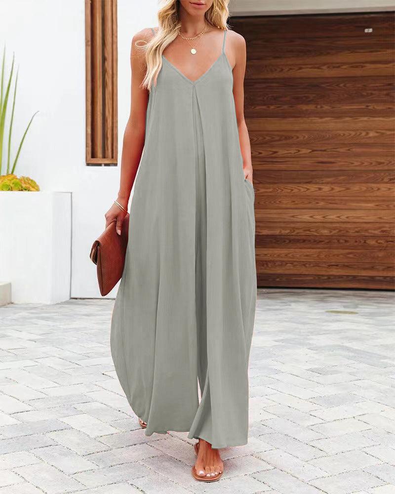 Women's Sling Wide-leg Pants Solid Color Pocket Casual Jumpsuit