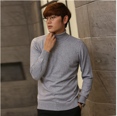 Knit Sweater Men High Neck Pullover Solid Color Slim Fit