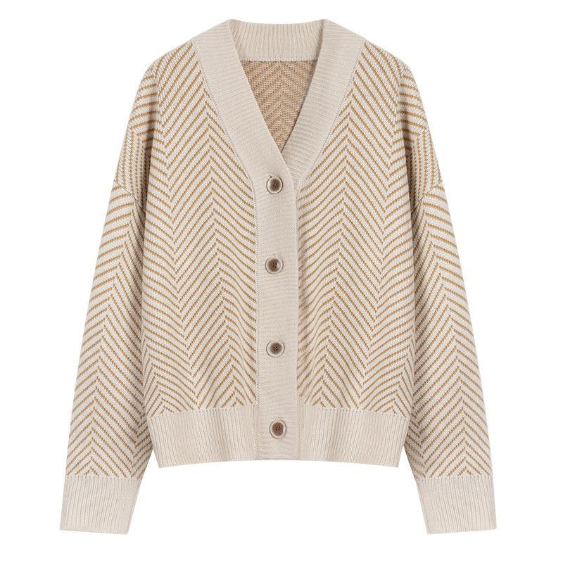 V Neck Diamond Striped Lazy Style Literary Knit Cardigan Jacket