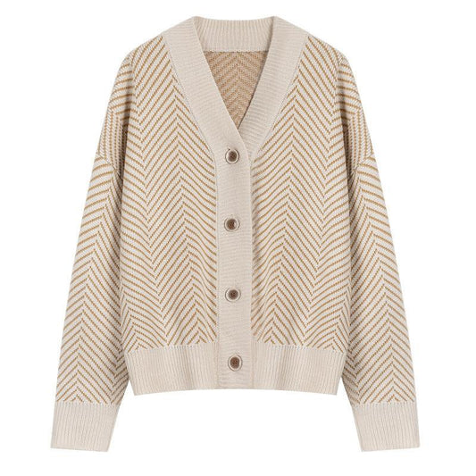 V Neck Diamond Striped Lazy Style Literary Knit Cardigan Jacket