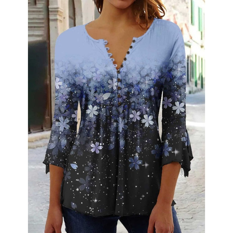 Women's Digital Printing V-neck Long-t-shirt