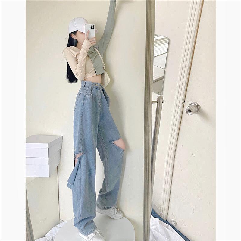Ripped Jeans Straight High Waist Loose Fitted Flattering