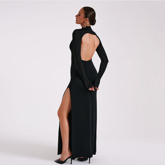 Long Sleeve High Neck Backless Dress