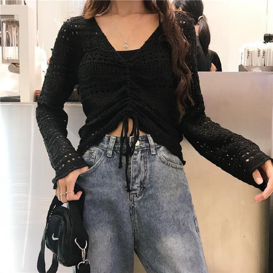 Women's V-neck Long Sleeve Top Loose Hollow Sweater