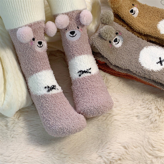 Cute Bear Coral Fleece Socks Autumn And Winter Fleece-lined Warm