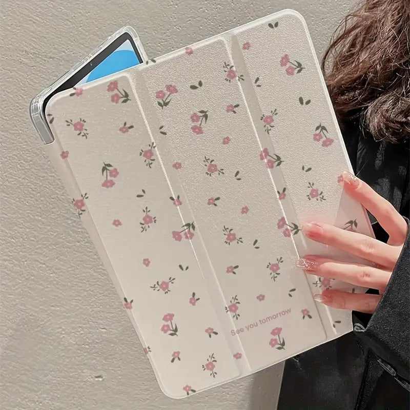 Transparent Floral Tri-fold Tablet Protective Case