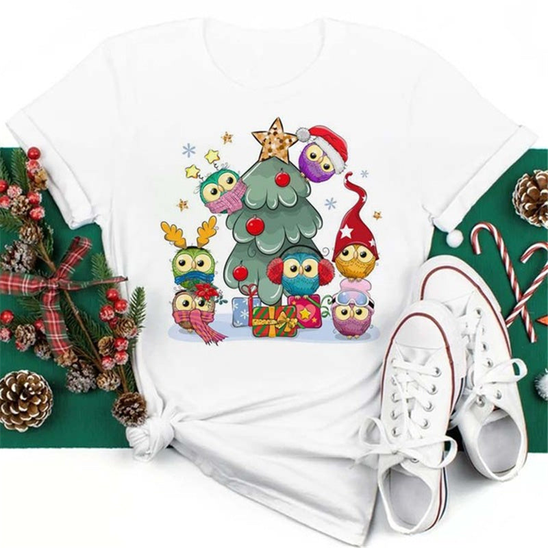 Christmas Penguin Owl Print Women's Black T-Shirt