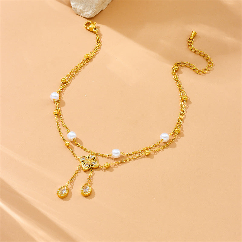 Fashion Double Layer Twin Diamond Diamond Flower Pearl Anklet