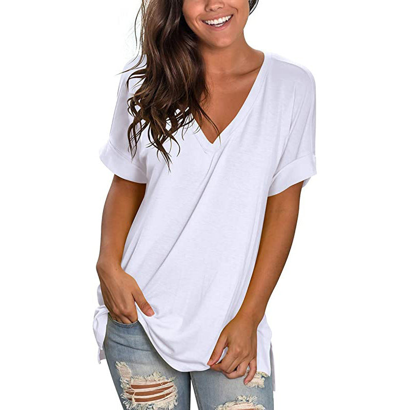 V-neck Solid Color Short-sleeved Top Loose Women's T-shirt