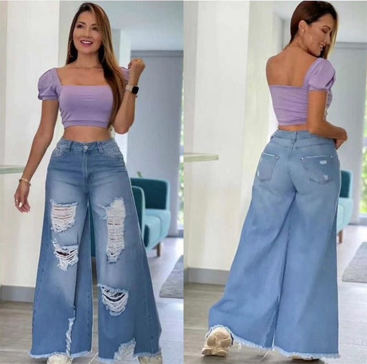 Lady Sexy Fashion Holes Denim Wide-leg Pants