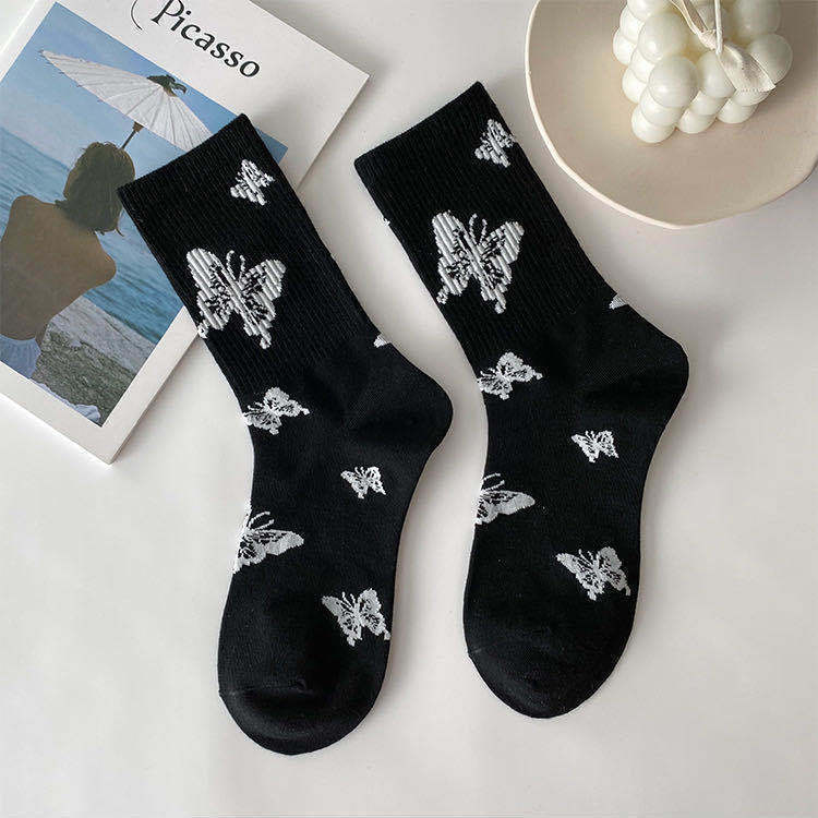 Butterfly Women's Tube Socks Hot Style Black And White Cartoon