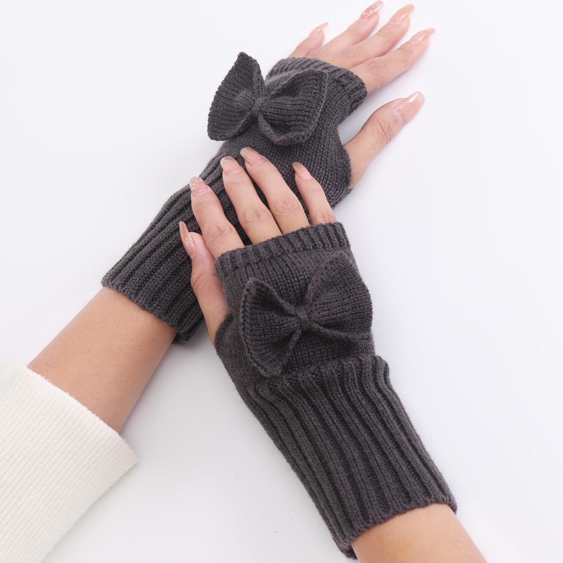 Bow Knitted Wool Keep Warm Half Finger Fingerless Gloves