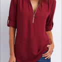 Ruched Half Zip Solid V Neck Casual Blouse, Rollable Sleeve Women's Clothing