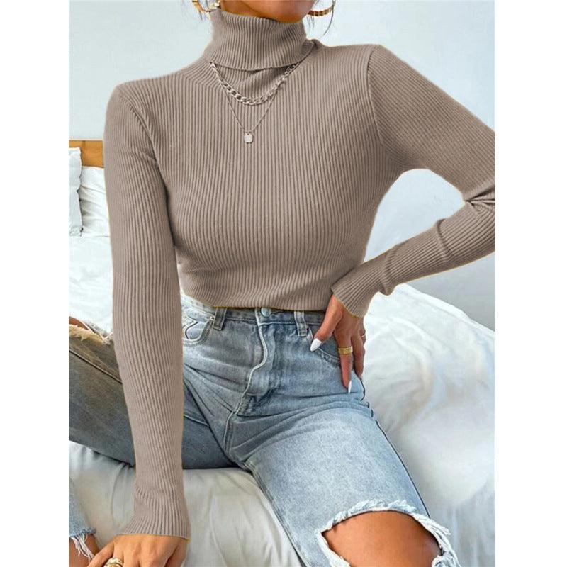 New European And American Women's High Neck Sweater Pullover Knitted Top
