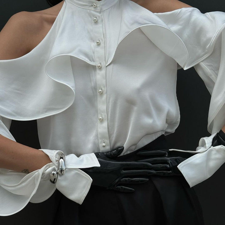 Ruffled Round Neck Off-the-shoulder Long Sleeve White Shirt