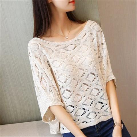 Pullover T-shirt Women Loose Openwork Knitted Top Short Sleeve Thin Blouse
