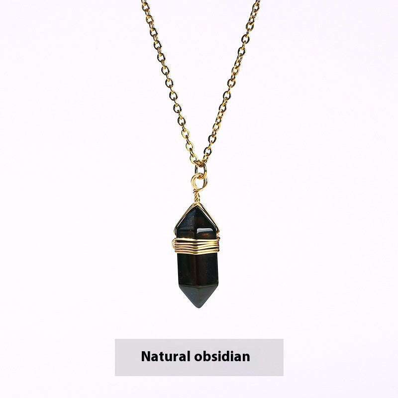 Natural Crystal Tigereye Double Pointed Hexagon Prism Winding Necklace
