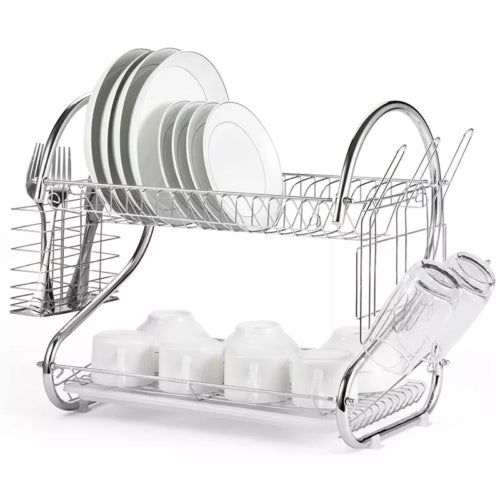 2 Tier Dish Drainer Rack With Drip Tray Kitchen Drying Rack Bowl Plate Holder UK