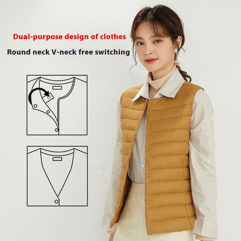 Women's Liner Waistcoat Lightweight Vest Down Jacket Round Neck Thin Lightweight