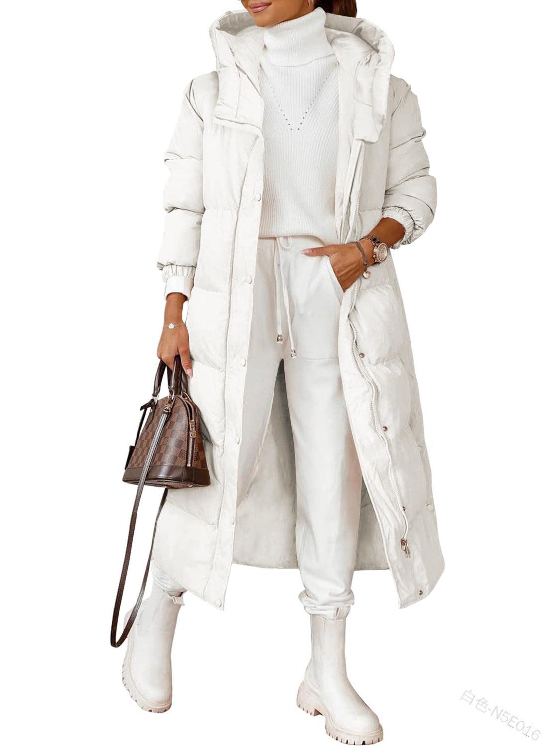 Solid Color Hooded Long Elegant Cotton-padded Coat Fashion Long-sleeve Zipper Pocket Women's Coat