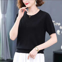 Summer Hollow-out Ice Silk Short Sleeve Middle-aged Round Neck Knitted Shirt Thin