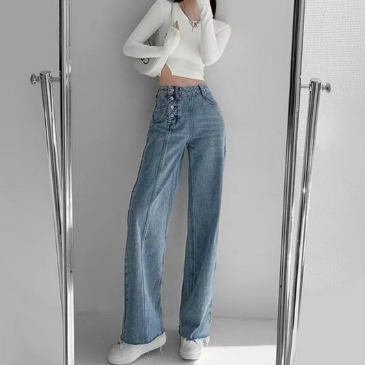 Irregular Breasted High Waist Jeans For Women Straight-leg Trousers