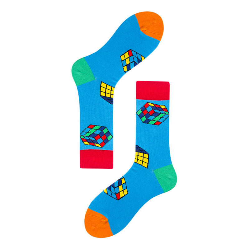 Men's Mid-calf Colorful Cubic Guitar Cat Face Cotton Socks