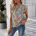 Printed Ruffled Round Neck Short Sleeve Shirt