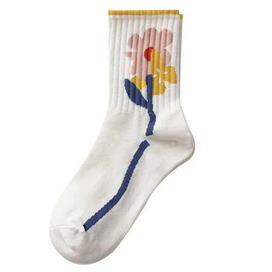 Socks Female Gray Cartoon Pattern Tube Socks