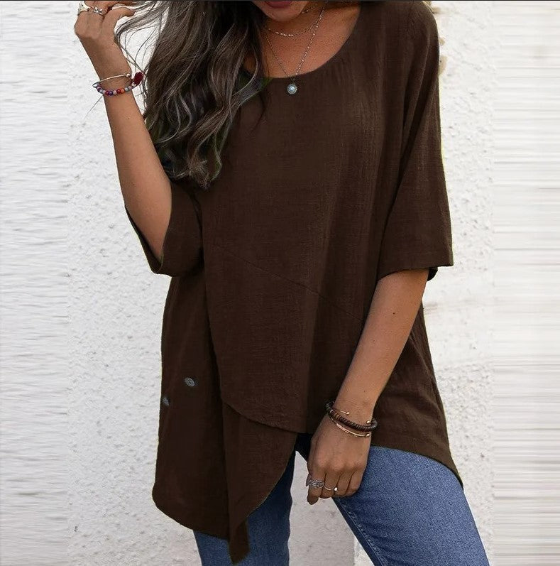 Cotton Linen Round-neck Irregular Shirt Half Sleeve Shirt