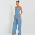 Fashion Denim Sequined Tube Top Wide Leg Pants Suit