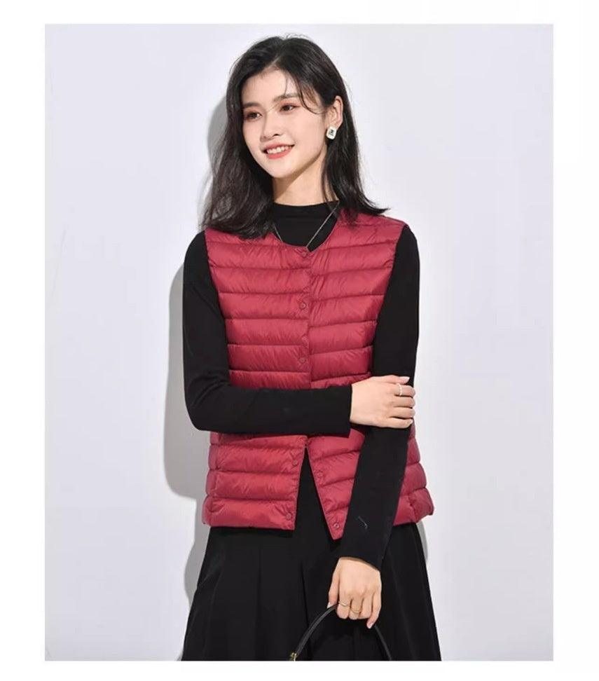 Women's Liner Waistcoat Lightweight Vest Down Jacket Round Neck Thin Lightweight