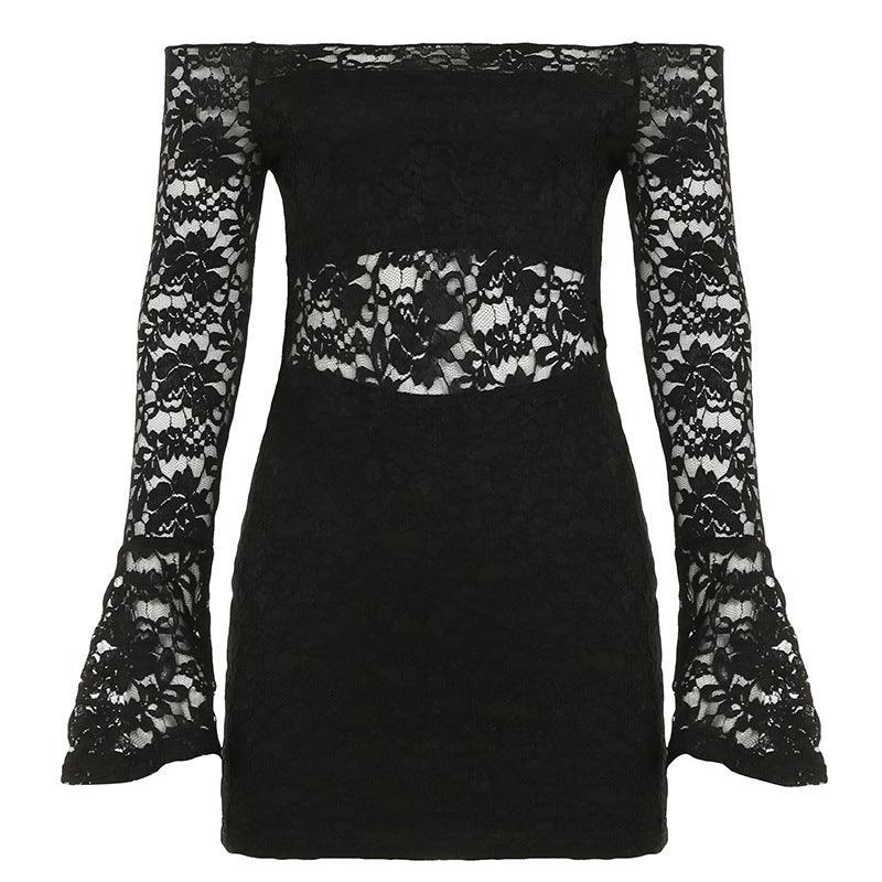 European And American Style Sexy Lace Cutout Stitching Horn Long Sleeve Off-shoulder Tight Dress